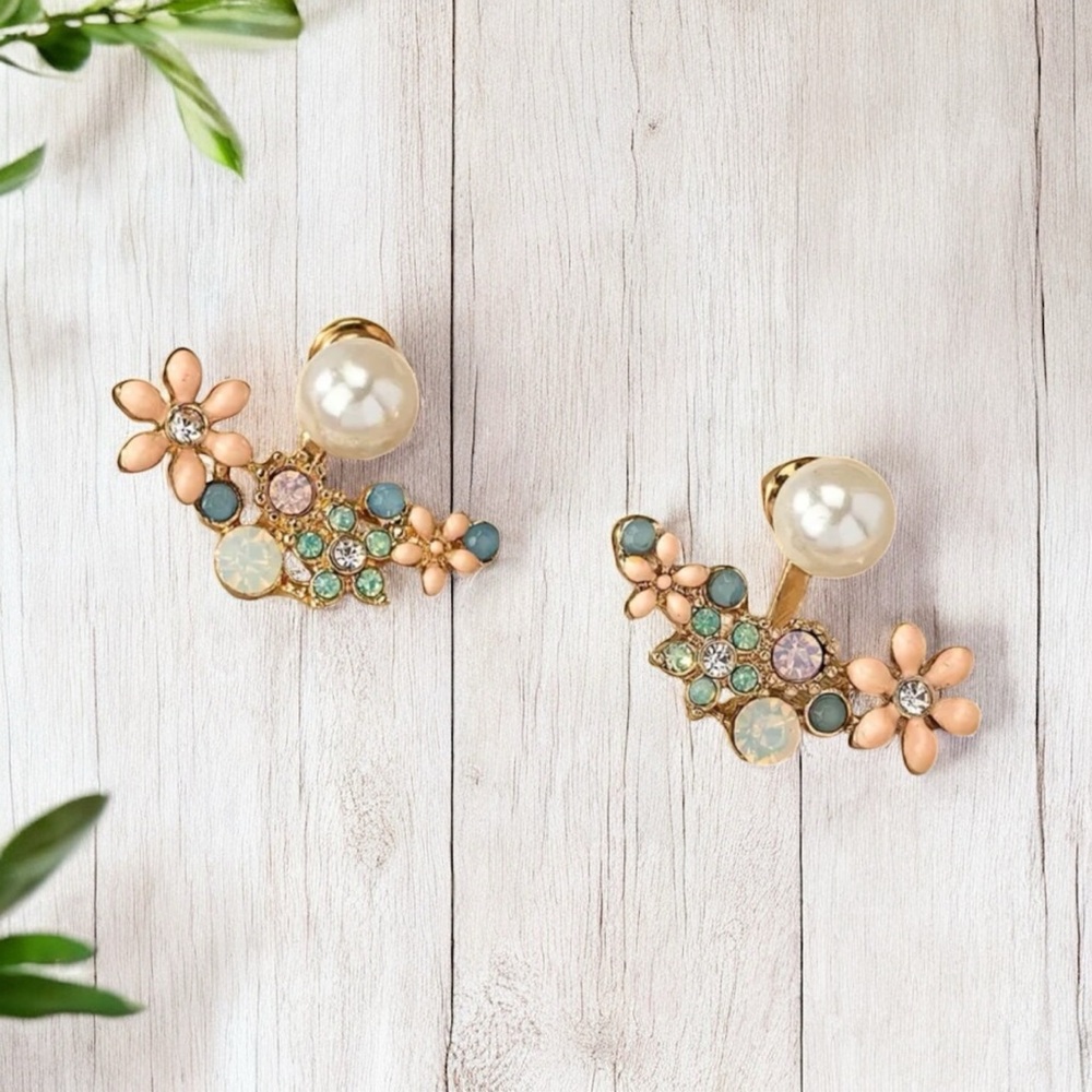 New! 14k Gold Plated Floral Rhinestone Faux Pearl Stud Earrings